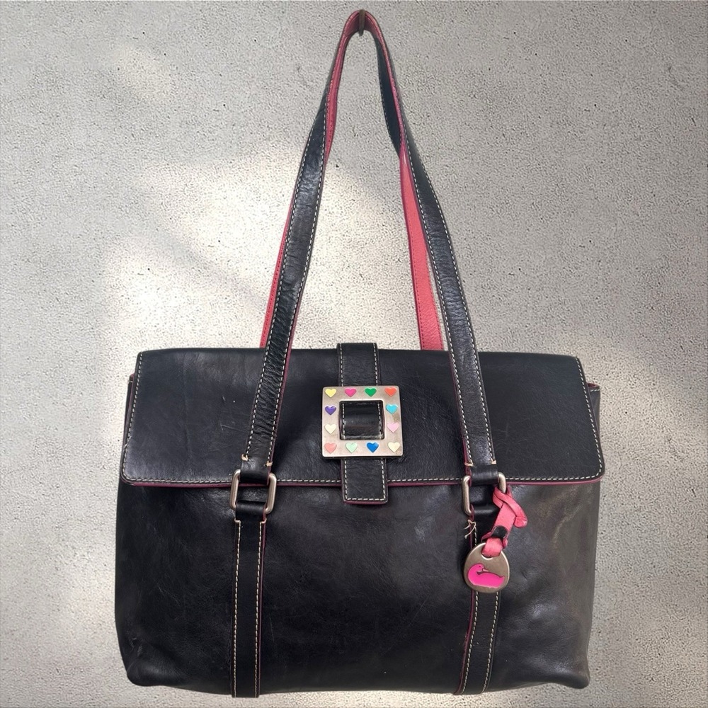 Y2K Dooney & Bourke Black & Pink Leather Shoulder Bag Tote Square Hearts Buckle